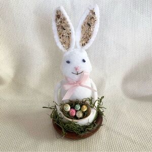 Handsewn Felt White Beach Bunny with Seashell basket eggs pink bow Hand Made
